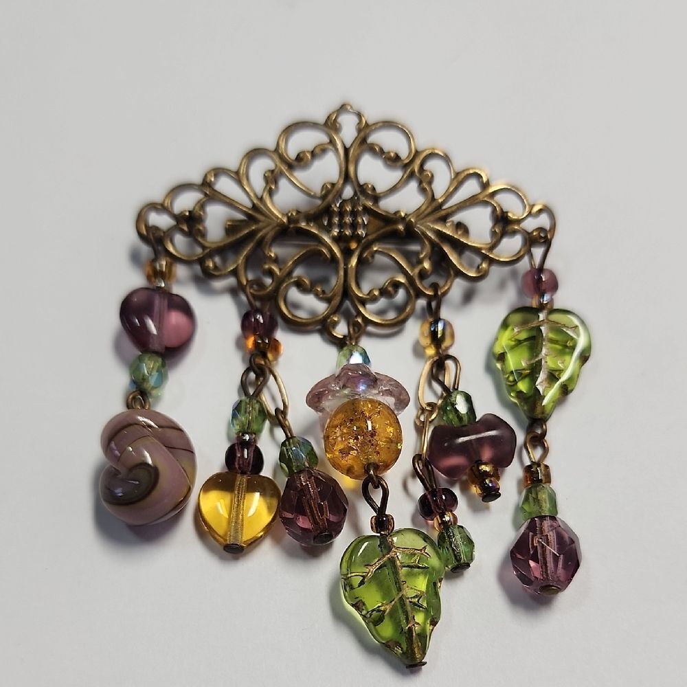 Vintage Style Bronze and Multicolor Beaded Brooch
